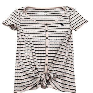 Abercrombie Kids Pink & Black Striped Button-Down Knot-Front Top Size 9/10